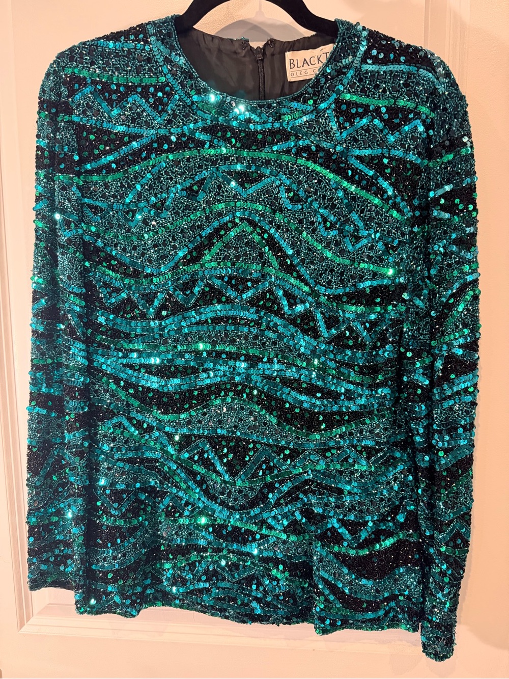 Oleg Cassini Teal Sequin Long-Sleeve Top